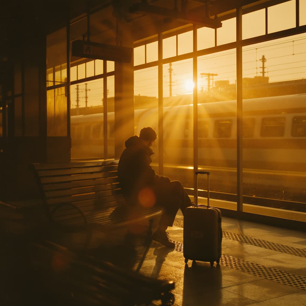 A solitary traveler on a golden-hour station platform, suitcase waiting for the known departure.
